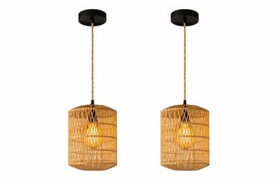 Jurrys Hanglamp - Plafondlamp - Eetkamerlamp - Boho lamp - Set van 2 - Verstelbare Kabel 150 cm - Rotan - Metaal - 17.5 x 21 cm