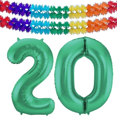 Folat Verjaardag Leeftijd folieballon - 20 jaar - groen - 86 cm - cijferballon groot - incl 2x feestslingers