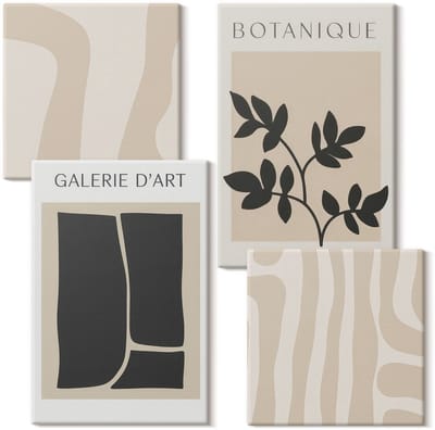 Wallfluent Set van canvas schilderijen - Abstracte vormen en plantenmotieven in neutrale tinten Canvas Schilderijen Set - Set van 4 Canvas Schilderijen - Beige Set van Canvas Prints - Abstractie Canvas Kunst Set - Boheemse Canvas Kunst Set