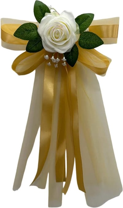 autodeco.nl SIA WIT & GOUD Handvatten Decoratie 4 stuks - Trouwauto Versiering - Witte Rozen met Gouden Linten en Tule - Bloemen voor op de Handvatten - Versiering Handvat Auto - Autoversiering voor Volgauto's