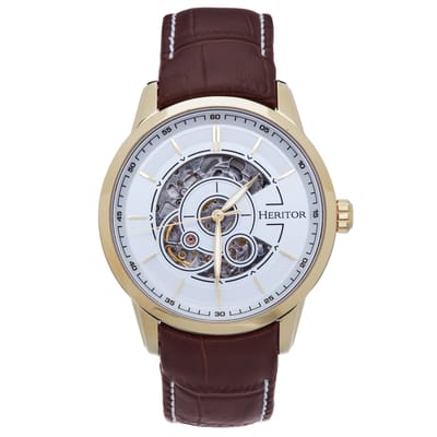Heritor Automatic Davies Semi-Skelet leren band horloge - Goud/Bruin