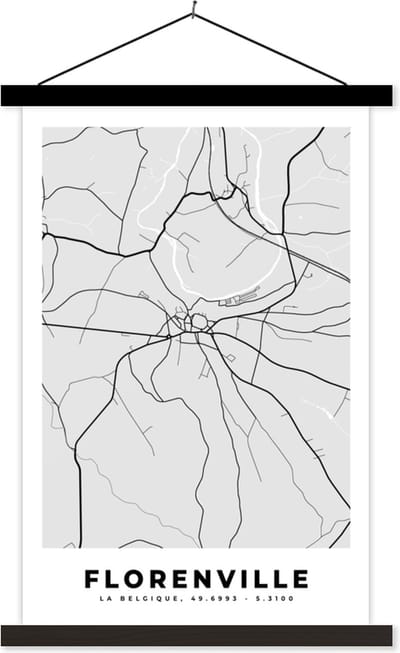 Posterhanger incl. Poster 40x60 cm - Schoolplaat - Kaart – Plattegrond – Stadskaart – Florenville – België – Zwart Wit - Textielposter - Zwarte latten - Stadskaart