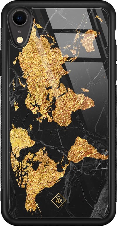 Casimoda® hoesje - Geschikt voor iPhone XR - Wereldkaart - Luxe Hard Case Zwart - Backcover telefoonhoesje - Goudkleurig