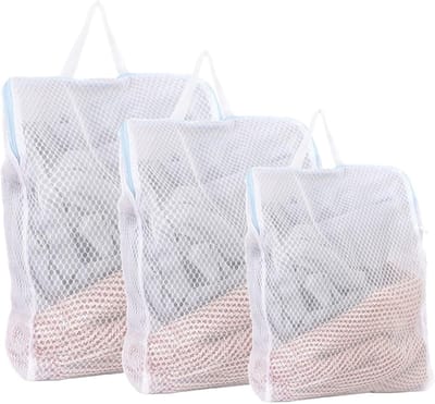 Set van 3 Herbruikbare Waszakken voor de Wasmachine met Handvatten, Ideaal voor Ondergoed, Truien en Sjaals - Blauwe Wasnetten voor Delicate Kleding
