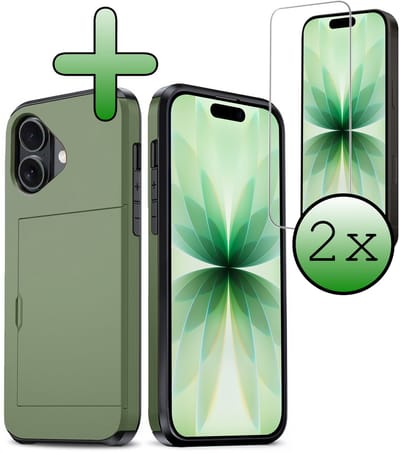 Hoes Geschikt voor iPhone 17 Hoesje Hard Case Met Pas Houder Met 2x Screenprotector - Hoesje Geschikt voor iPhone 17 Hoes Shockproof Hard Cover Met Kaarthouder - Donkergroen