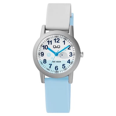 Q&Q VS49J006Y - Horloge - Analoog - Kinderen - Unisex - Plastic band - Rond - Cijfers - Walvis - Kunststof - Sport - Grijs - Lichtblauw - Wit - 10 ATM