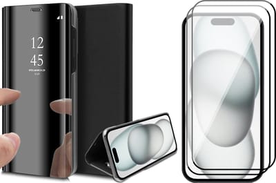 Hoesje geschikt voor iPhone 15 - 2x Screen Protector FullGuard - Book Case Spiegel Zwart & Screenprotector