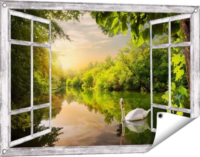 Gards Tuinposter Doorkijk Zwaan op het Water in het Bos - 90x60 cm - Tuindoek - Tuindecoratie - Wanddecoratie buiten - Tuinschilderij
