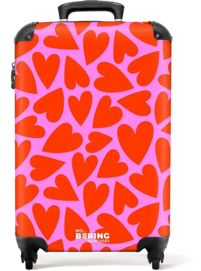NoBoringSuitcases.com - Koffer dames - Dicht patroon van rode harten op roze achtergrond - Past binnen 55x40x20 cm en 55x35x25 cm - Trolley handbagage vrouwen - Valiezen met wieltjes volwassenen - Reiskoffer op wielen - Rolkoffer lichtgewicht