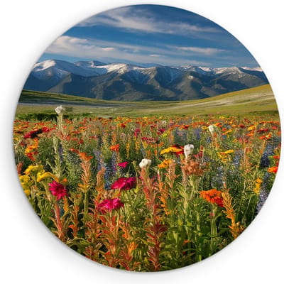 Saammp Muurcirkel Hout - Bloemenveld met bergtoppen - Natuur - Landschap - Ø 90 - Wandcirkel - Wanddecoratie Cirkel - Muurdecoratie Woonkamer - Slaapkamer decoratie - Rond Schilderij