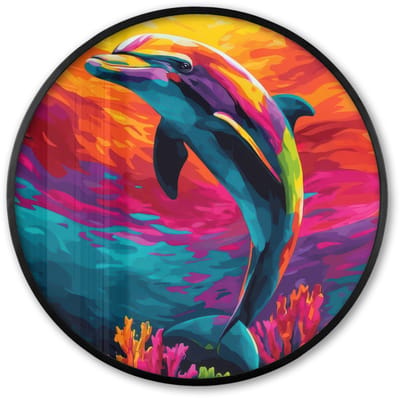 Poster in lijst Rond - Fotolijst 60x60 cm - Posters - Dolfijn - Kleurrijk - Oceaan - Koraal - Ronde posterlijst zwart - Decoratie - Wanddecoratie woonkamer - Muurdecoratie slaapkamer
