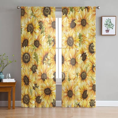 Zonnebloem Aquarel Bloemen Transparante Gordijnen voor Woonkamer Decoratie Raamgordijnen voor Keuken Tule Voile Organza Gordijnen W135 x H115cm x1 beige