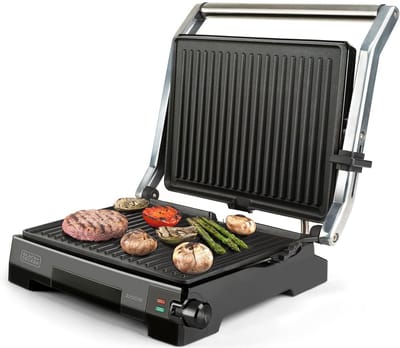 BLACK+DECKER BXGR2200E Grill - 2200W Contactgrill en Grillplaat - Kanteldeksel met 6 Standen - 180° Openklapbaar - 29x23 cm Antiaanbakplaat - PFOA-vrij - RVS Behuizing - Voor Panini, Vlees, Groenten en Vis