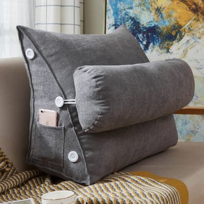 Leeskussen - Kussen voor lezen - Voor in Bed en Bank - Rugkussen - Boekenkussen met Kussenrol - Comfortabel Leeskussen - Bookseat - Meditatiekussen - Rugkussen onderrug - Grijs