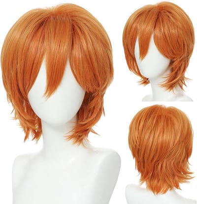 FOUNSHO Oranje pruik voor mannen vrouwen, 12 inch / 30 cm korte rechte pruik zijknoppen, geschikt voor volwassenen boven 16 jaar (Oranje)
