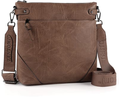 TANTOMI - Schoudertas Dames - Met RFID-bescherming - Middelgroot crossbody tas dames - Met verstelbare brede schouderband - Lichtgewicht crossbodytassen - Donkerbruin