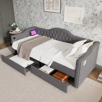 Gestoffeerd bed, ligbed, slaapbank, opbergbedden, bedframe met USB Type C-opladen en 2 lades, 90x200 cm, grijs, fluweel, zonder matras
