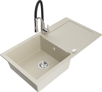 Mexen Leo granieten spoelbak 1-kompartment met afdruiprek en keukenkraan Aster, beige - 6501-69-73450-07