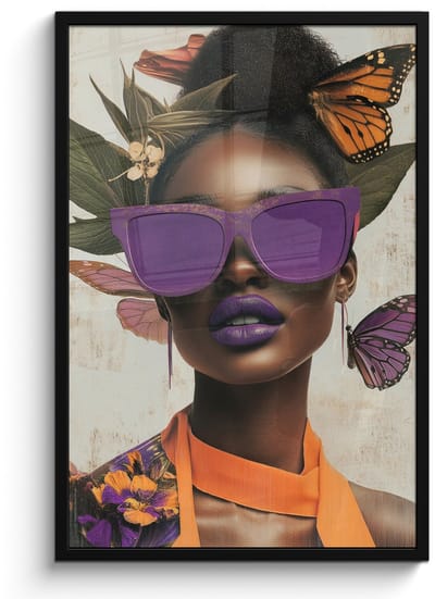 Poster in lijst - Fotolijst 60x90 cm - Posters - Vrouw - Zonnebril - Vlinder - Bloemen - Posterlijst zwart - Decoratie - Wanddecoratie woonkamer - Muurdecoratie slaapkamer