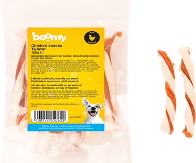 Boomy - Hondensnacks - Hondensnoepjes - Zachte kauwstaafjes hond - Twister - Kip/vis rolletjes - 3 x 100g