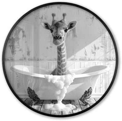Poster in lijst Rond - Fotolijst 60x60 cm - Posters - Giraffe - Dier - Badkuip - Vintage - Zwart - Wit - Ronde posterlijst zwart - Decoratie - Wanddecoratie woonkamer - Muurdecoratie slaapkamer