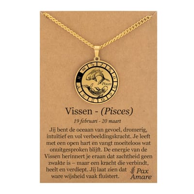 Sterrenbeeld Vissen (Pisces) Ketting op Cadeau Kaartje - Goudkleurig - Roestvrij Staal Zodiac Talisman - Stainless Steel - 60cm - Pax Amare