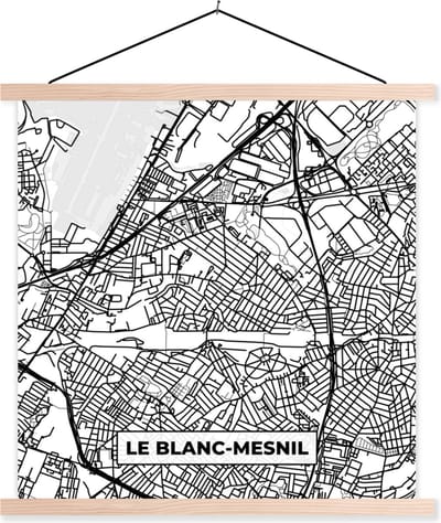 Posterhanger incl. Poster 40x40 cm - Schoolplaat - Kaart - Stadskaart - Frankrijk - Le Blanc-Mesnil - Plattegrond - Zwart wit - Textielposter - Blanke latten - Stadskaart