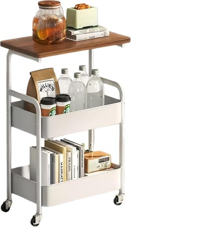 Multifunctionele Trolley met 3 Niveaus en Wielen, Houten Planken en Metalen Manden voor Keuken, Slaapkamer en Kantoor - Ideaal voor Opberging en Organisatie