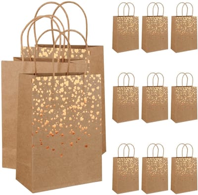 Dailygoods- Cadeautasjes 12 stuks - Bruine cadeauzakjes papier - Kraftpapier met hartversiering - Kleine geschenkzakjes - Herbruikbaar - Afmetingen 21 x 15 x 8 cm