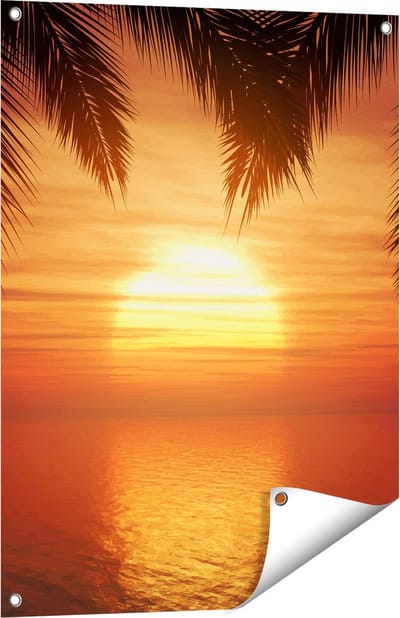 Gards Tuinposter Zonsondergang op het Strand met Palmbomen - 60x80 cm - Tuindoek - Tuindecoratie - Wanddecoratie buiten - Tuinschilderij