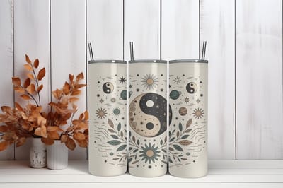 Thermosbeker YingYang boho - 600 ml RVS Tumbler met Rietje - Cadeau - Schoolbeker - Antilek dop - Vaatwasserbestendig - Werkbeker - To go beker - Zomaar