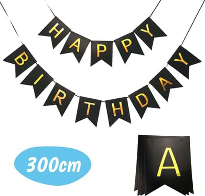 Happy Birthday Slinger - Party Banner Decoratie - Feest Letters - Letterslinger - Hangdecoratie - Verjaardag Versiering - Happy Birthday Vlaggen - Vlaggenlijn Zwart - Zwarte Slingers - Goud - XL - 300 cm