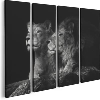 Artaza Canvas Schilderij Vierluik Leeuw En Leeuwin - Zwart Wit - 80x60 - Foto Op Canvas - Canvas Print