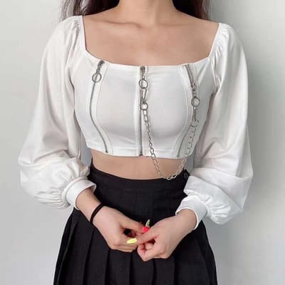 Zomer Lange Mouw Tops T-shirt Kort Mode Retro Stijl Ketting Effen Crop T-shirt Kruiskraag Slim Katoen Pullover T-shirts One Size wit