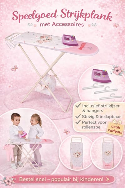 Speelgoed - Strijkplank (opvouwbaar) met strijkijzer en 3 plastic hangers - DeCuevas - Stoffen opbergzakje onderaan de strijkplank