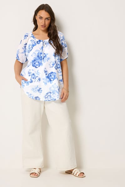 Yours Blauwe Bohemien Bloemenprint Top Met Strik Aan De Hals Size 42