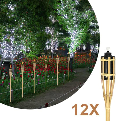 Set of 12 bamboo garden torches, 90 cm, natural colour, with wick, for outdoor use