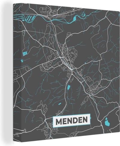 Canvas Schilderij Kaart – Plattegrond – Stadskaart – Menden – Duitsland – Blauw - 20x20 cm - Wanddecoratie