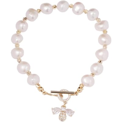 Elegante Barokke Natuurlijke Parelsnoer Armband Voor Vrouw Luxe Zirkonia Bij Hanger Armband Mode Meisjes Zoete Sieraden white