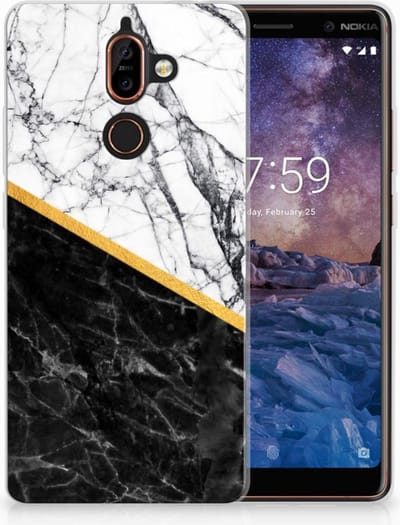 TPU Hoesje voor Nokia 7 Plus TPU Siliconen Hoesje Marmer Wit Zwart - Origineel Cadeau Man