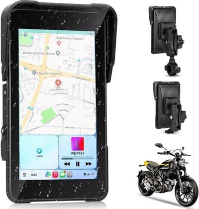 Motorfiets CarPlay Scherm 5 Inch – Draadloos Apple CarPlay & Android Auto – IP68 Waterdicht – Bluetooth – TPMS – Anti-Diefstal Houder