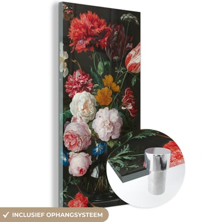 MuchoWow® Glasschilderij 20x40 cm - Schilderij acrylglas - Stilleven met bloemen in een glazen vaas - Schilderij van Jan Davidsz. de Heem - Foto op glas - Schilderijen