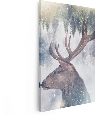 Artaza Canvas Schilderij Hert - 80x120 cm - Groot - Wanddecoratie Hertenkop Met Gewei - Muurdecoratie Winterlandschap - Schilderijen Op Canvas