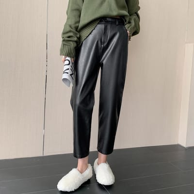 Zwarte Pu Leren Broek Dames Nieuwe Winter Harlan Broek Klein Negen Punten Casual Los en Dun Radijs Broek 3XL gray