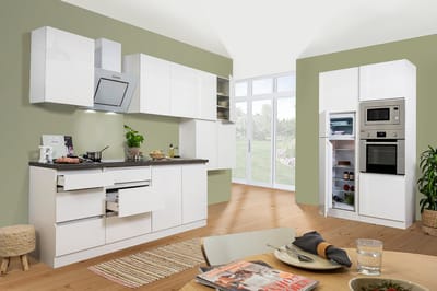 Goedkope keuken 435  cm - complete keuken met apparatuur Lorena  - Wit/Wit - soft close - keramische kookplaat    - afzuigkap - oven - magnetron  - spoelbak