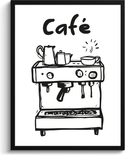 Fotolijst inclusief poster - Posterlijst 60x80 cm - Posters - Illustratie - Café - Koffiemachine - Kopjes - Foto in lijst - Keuken decoratie muur - Wanddecoratie accessoires - Muurdecoratie - Schilderijen