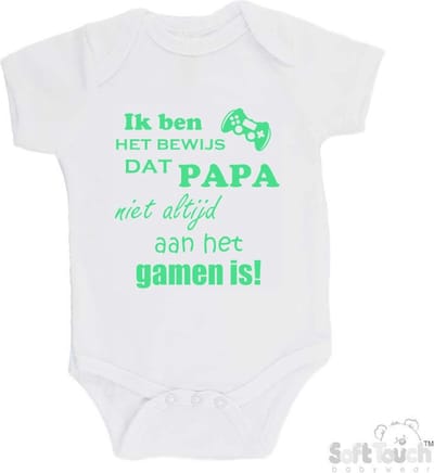 100% katoenen Romper "Ik ben het bewijs dat PAPA niet altijd aan het gamen is!" Unisex Katoen Wit/mint Maat 56/62