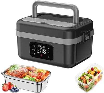 KZQ Draadloze Elektrische Lunchbox - Zelfverwarmende lunchbox met ingebouwde oplaadbare batterij - Slimme timer - Geschikt voor werk, reizen, bouwplaatsen en andere gelegenheden -Zwart en grijs