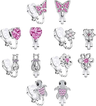 Zes paar oorclips voor meisjes met bloemen- en vlinderdesign, glanzende ooraccessoires zonder gaatjes