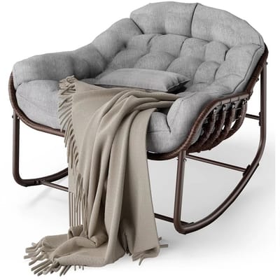 Rotan Schommelstoel met Kussen – Loungestoel voor Tuin en Balkon – Metalen Frame – Comfortabele Stoel voor Binnen en Buiten – Grijs
